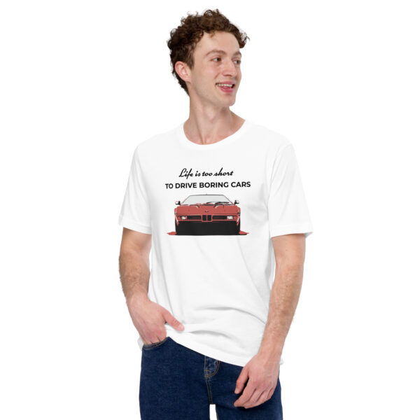 unisex staple t shirt white front 630b4cce60708 Maglietta auto life is too short to drive boring cars