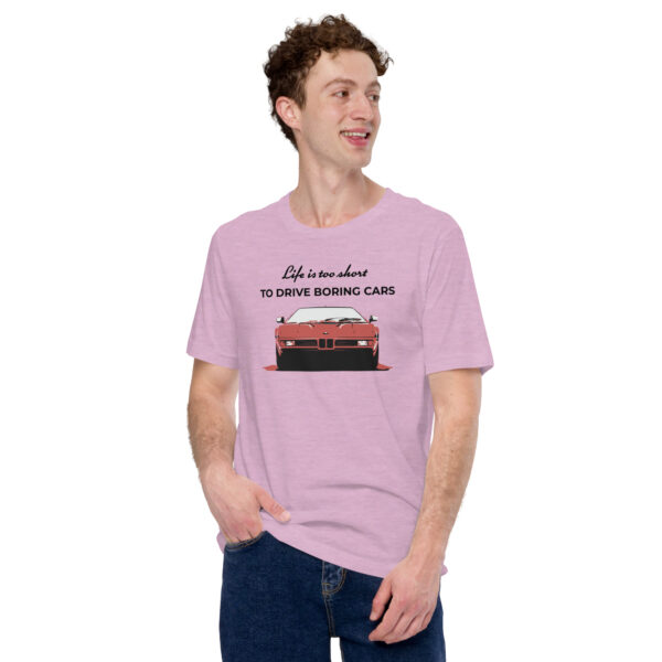 unisex staple t shirt heather prism lilac front 630b4cce622f1 Maglietta auto life is too short to drive boring cars